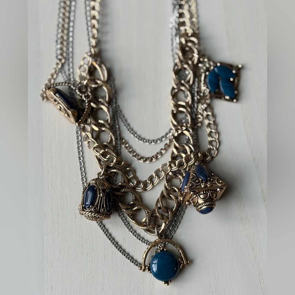 Gold, Silver, and Blue Pendant Multi-strand Necklace